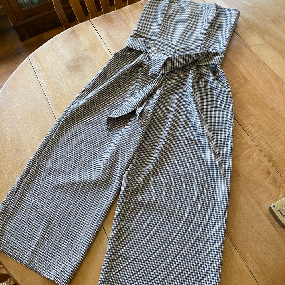 High-Waist Houndstooth Wide-Leg Jumpsuit Pants - Black/White